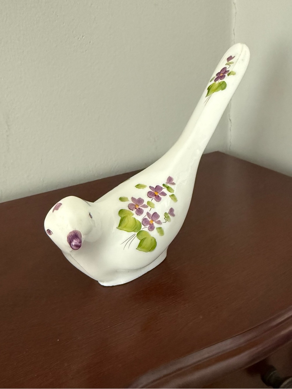 Fenton White Ceramic Bird Figurine with Purple Blossoms "Violets in the Snow"